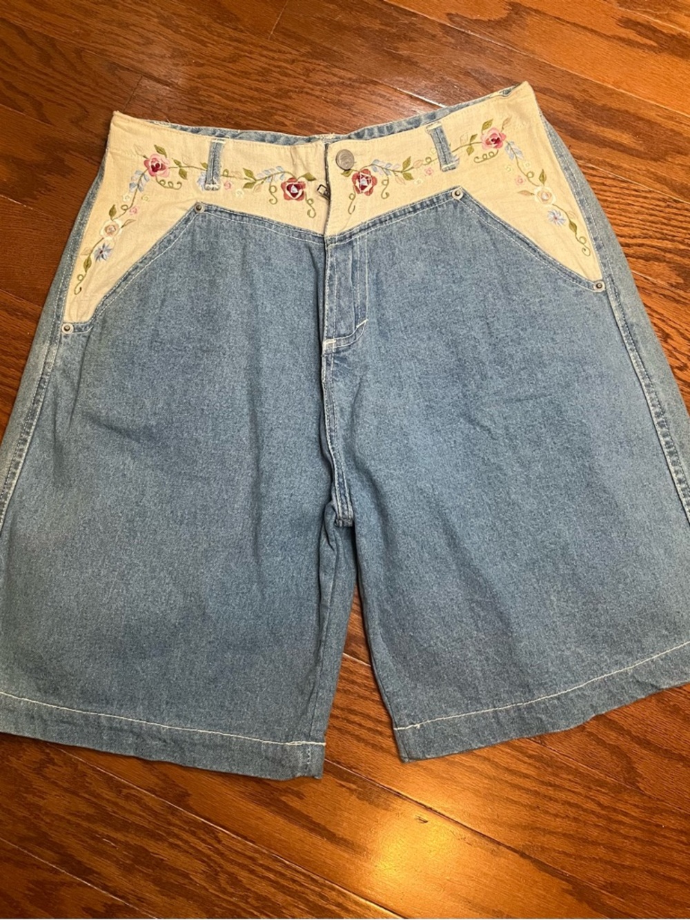 Jou Jou Light Blue Denim Shorts with Cream Embroidered Yoke